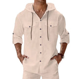 Riolio  Men's Linen Hooded Shirt Casual Solid Color Long Sleeve Beach Button Tops