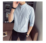 Riolio  New Men Shirt Summer Sky Blue Quarter Sleeve Cardigan Stand Collar Zhongshan Top