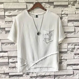 Riolio  Fashion O-Neck Pockets Irregular Hole Tassel T-Shirts Men's Clothing Summer New Loose Casual Tops Asymmetrical Tee Shirt
