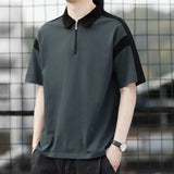 Riolio  Men Gray Black Contrast Half Zip Polo Shirt Loose Casual Cotton Short Sleeve Summer Top