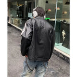 Riolio Retro Leather Jacket Men Women  American Patchwork Strip Racing Outerwear Loose Hip Hop Zippers Brown PU Coat Streetwear Spring