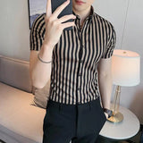 Riolio  Men's Stripe Short Sleeve Shirt Summer Korean Slim Fit British Style Casual Designer Half Sleeve Shirt