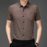 Riolio  Summer Men's Short Sleeve Silk Casual Wrinkle Free Striped Thin Shirt for Middle Aged