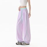 Riolio  Quick Dry Wide Leg Pants with Drawstring Unisex Summer Ice Sensation Waistband Contrast Color Stitched Elastic Cords