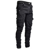 Riolio  Stylish Tide Brand Men Cargo Narrow Leg Denim Pants Elastic Slim Fit Jeans Solid Color Multi Pockets Casual Skinny Male Trousers