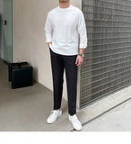 Riolio  New Autumn Fashion Men T-shirt Light Luxury Solid Color Long Sleeve Tops Leisure Streetwear Casual O Neck Basic Shirts M-3XL