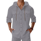 Riolio  Men's Linen Hooded Shirt Casual Solid Color Long Sleeve Beach Button Tops