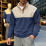 Riolio  Men's Corduroy Color Block Henley Shirt Casual Button-Up Stand Collar Pullover with Elbow Patches
