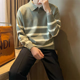 Riolio Autumn Simple Lapel Striped Sweater For Men Casual Vintage Korean Fashion Knitwear Top New Y2K Loose Knitted Pullover Jumper