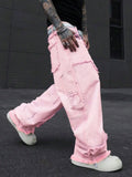 Riolio  Pink Frayed Wide-Leg All-Season Cargo Denim Jeans