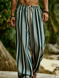 Riolio  Vacation Men Striped Beach Pants Bohemian Geometric Pattern Drawstring Loose Wide Leg Trousers Summer Casual Resort Wear