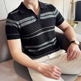 Riolio  New Fashion Hollow Out Polo Shirt Luxury Men's Clothing Korean Style Leisure V Neck Short Sleeve Patchwork Breathable Knitwear