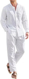 Riolio Mens Casual Linen Two Piece Sets Europe Style Vintage Basic Tops and Solid Pants Suit Male Beach Tracksuits Set