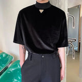 Riolio  Summer Velvet Stand-up Collar Short-sleeved Men's T-shirt Personality Triangle Logo Trend Loose Top Ruffian Handsome Retro