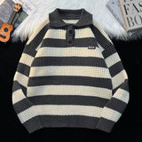 Riolio  American autumn and winter street fashion men and women collar striped sweater couple loose retro casual knitted Harajuku top