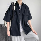 Riolio Working Pocket Solid Color Pure Cotton Short-sleeved Shirt Fashionable Summer Lapel Button Functional Half-sleeved Cardigan