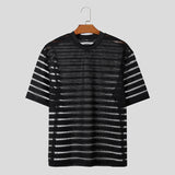 Riolio streetwear fits Men T Shirt Mesh Striped O-neck Short Sleeve Transparent Men Clothing Streetwear Sexy Korean Fashion Tee Tops S-5XL