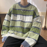 Riolio Japanese Style Vintage Color Blocking Cable Knit Striped Round Neck Sweater For Men And Women Winter Warm Preppy Thickened Knit