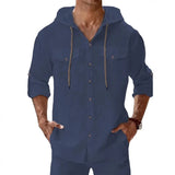 Riolio  Men's Linen Hooded Shirt Casual Solid Color Long Sleeve Beach Button Tops