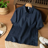Riolio  Summer Solid Color Linen Short-sleeved Shirt Men's Light and Breathable Simple Thin Retro Casual Top