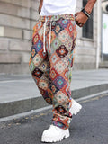 Riolio  Mens Wide Leg Straight Pants With Retro Jacquard Geometric Pattern Elastic Waist Casual Trousers