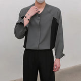 Riolio  Men Color Block Spliced Stand Collar Shirts Wrinkle Texture Loose Oversized Long Sleeve Designer Casual Button Down Blouse M-2XL