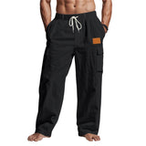 Riolio  Men's Linen Cotton Cargo Pants Drawstring Waist Wide Leg Casual Summer Beach Trousers with Pockets