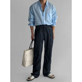 Riolio  Linen Long-sleeved Shirt Men's Spring Autumn Retro Style Loose Thin Breathable Shirt