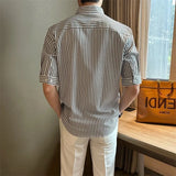 Riolio New Fashion Striped Stand Collar Men Shirts Luxury Casual Textured Half Sleeve Cardigan Tops Summer Business Slim-fit Blouse
