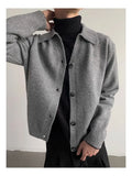 Riolio New Korean Fashion Men Cardigan Jacket Light Luxury Knitted Polo Neck Long Sleeve Sweater Coat Casual Retro Solid Color Knitwear