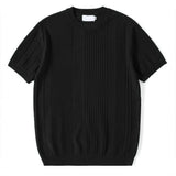 Riolio  Knitted Short-sleeved T-shirt Men's Solid Color Stripe Summer Casual Half-sleeved Round Neck Heavyweight Bottoming Shirt
