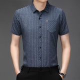 Riolio  Summer Men's Short Sleeve Silk Casual Wrinkle Free Striped Thin Shirt for Middle Aged