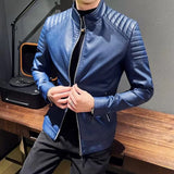 Riolio Spring New Men Solid Color Fashion Long Sleeve Faux Leather Coats Male Stand Collar Leather Jacket