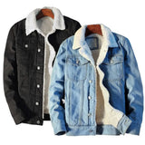 Riolio Men Winter Autumn Jacket Denim Inner Fleece Thicken Winter Jeans Jacket Coat Men's Turn-down Velvet Jacket Mens Fur Parkas