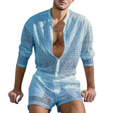 Riolio men summer outfits Hollow Out Sexy Lace Suit Fashion Long Sleeve Shirt Casual Shorts Men'S Clothing Suit Solid Color Matching Summer Suit For Male