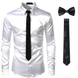 Riolio Black Mens Silk Dress Shirts 3Pcs(Shirt +Tie+Bowtie) Smooth Satin Shirt Men Slim Fit Party Prom Casual Shirts Men Social Camisa