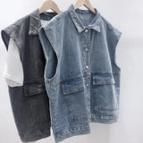 Popxstar Retro BF Style Denim Jacket Vest Waistcoat Women Sleeveless Casual Japanese Versatile Clothes Outwear Denim Cargo Tops