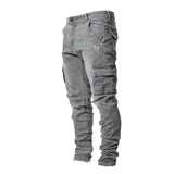 Riolio  Stylish Tide Brand Men Cargo Narrow Leg Denim Pants Elastic Slim Fit Jeans Solid Color Multi Pockets Casual Skinny Male Trousers