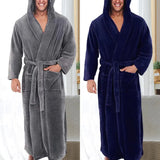 Riolio Long Sleeve Pocket Belt Solid Color Men Bathrobe Winter Warm Hooded Long Fleece Home Gown Sleepwear