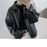 Riolio  Black PU Leather Oversized Coats Collar Zip-Up Men's Jacket Korean Style Faux Leather Casual Bomber Biker Jacket