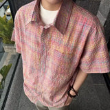 Riolio  Men's Casual Loose Fit Short Sleeve Shirt Rainbow Gradient Plaid Texture Breathable Lapel Button Down Summer Streetwear Top