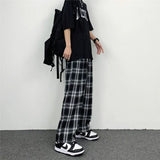 Riolio  Hip-hop Wide-leg Summer Straight Tube Black and White Plaid Loose Slim Long Pants for Men and Women Casual Pants
