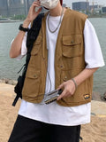 Riolio Casual ex Vest Multi-ket Workwear Sle Svel V-Ne Summer Faion Trend Youth Leisure Vintage Japanese Sle