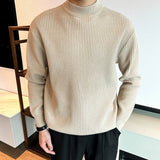 Riolio  New Korean Retro Men Basic Sweaters Luxury Knit Solid Color Mock Neck Long Sleeve Pullover Casual Textured High Quality Knitwear