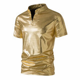 Riolio Men Gold Shiny Henry Neck T Shirt Fashion Short Sleeve Coated Metallic Nightclub Disco Party T-shirt Hip Hop Homme Costume