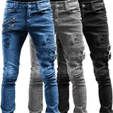 Riolio  Retro Moto Biker Straight Elastic Jeans Men Zipper Hole Streetwear Punk Skinny Denim Cargo Pants Pantalones Hombre  Y2K Clothing