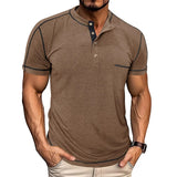Riolio  Men's Grey Henley Neck Short Sleeve T-Shirt with Contrast Stitching Chest Pocket Casual Muscle Fit Top