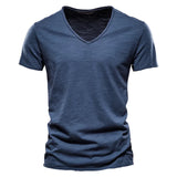 Riolio 100% Cotton Men T-shirt V-neck Fashion Design Slim Fit Soild T-shirts Male Tops Tees Short Sleeve T Shirt For Men