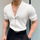 Riolio Men T Shirt Solid V Neck Short Sleeve Button Casual Men Clothing Streetwear Summer Korean 2024 Stylish Tee Tops S-5XL