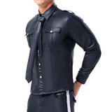 Riolio  Fashion Black Faux Leather Men Oversize Fitness Shirts Long Sleeves Pocket PU Metal Fastener Tops Tees Sexy Slim Fit Sexy Shirt